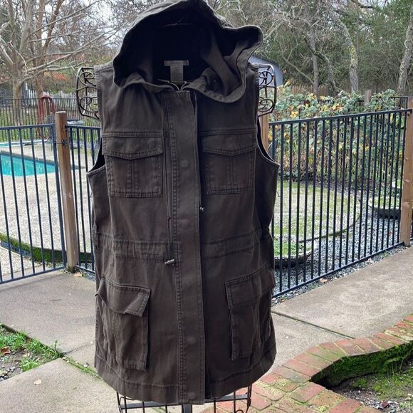 Marty M Olive Green Hooded Boho Utility Vest Jacket Size M - Picture 1 of 9